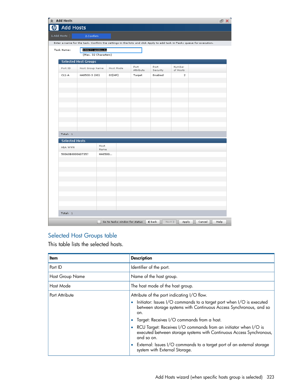 Selected host groups table | HP XP P9500 Storage User Manual | Page 323 / 367
