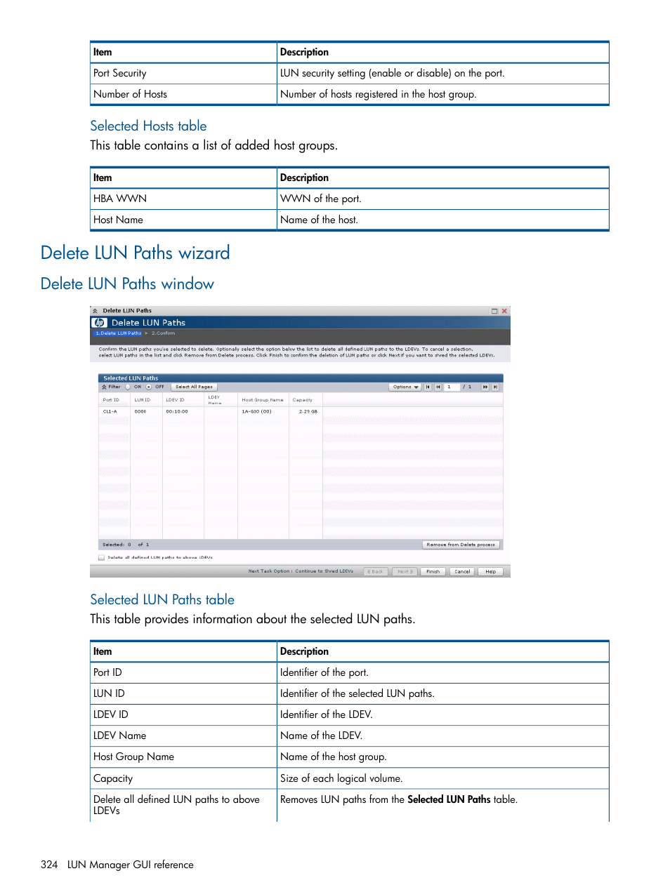 Delete lun paths wizard, Delete lun paths window, Selected hosts table | Selected lun paths table | HP XP P9500 Storage User Manual | Page 324 / 367
