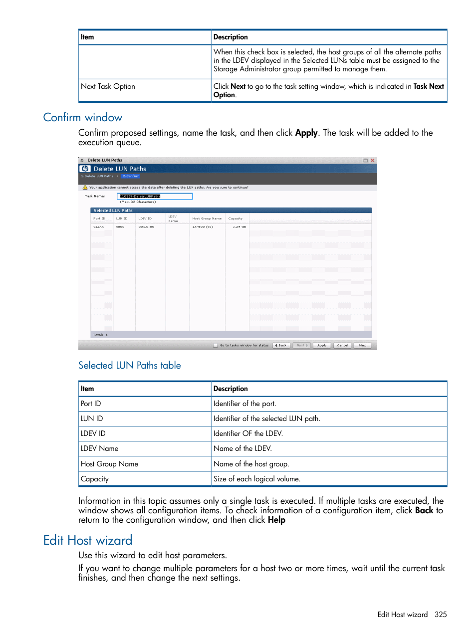 Confirm window, Edit host wizard, Selected lun paths table | HP XP P9500 Storage User Manual | Page 325 / 367
