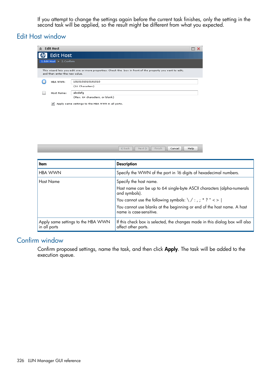 Edit host window, Confirm window, Edit host window confirm window | HP XP P9500 Storage User Manual | Page 326 / 367