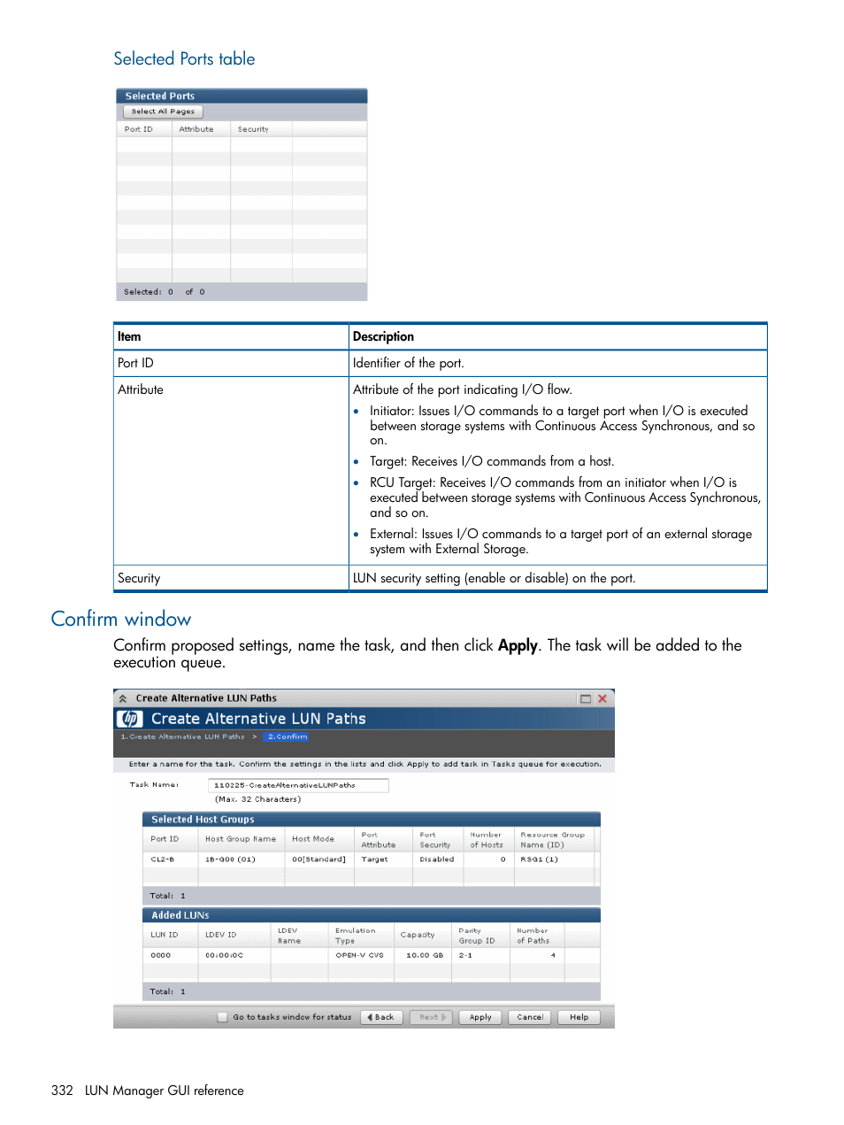 Confirm window, Selected ports table | HP XP P9500 Storage User Manual | Page 332 / 367