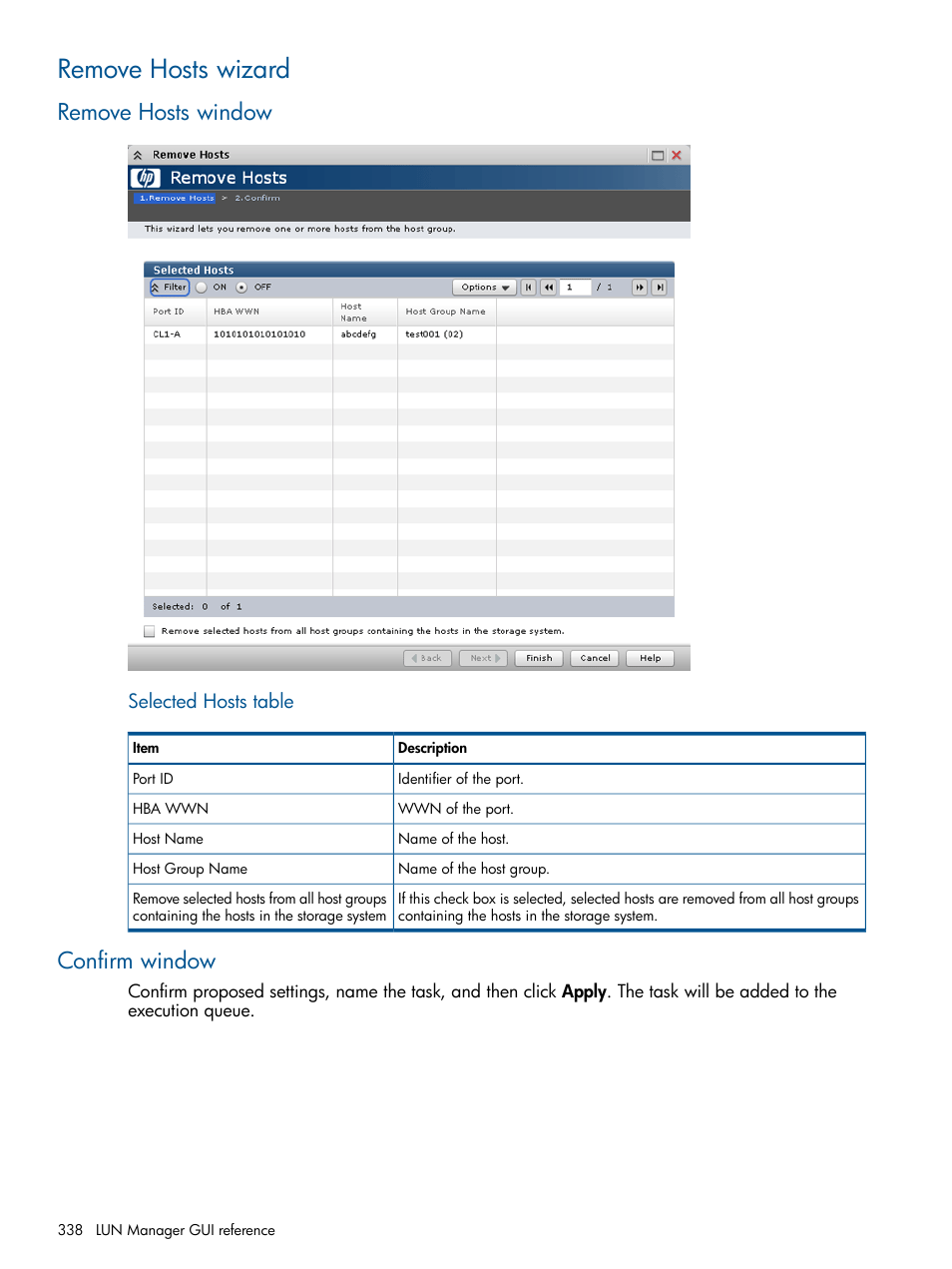 Remove hosts wizard, Remove hosts window, Confirm window | Remove hosts window confirm window | HP XP P9500 Storage User Manual | Page 338 / 367