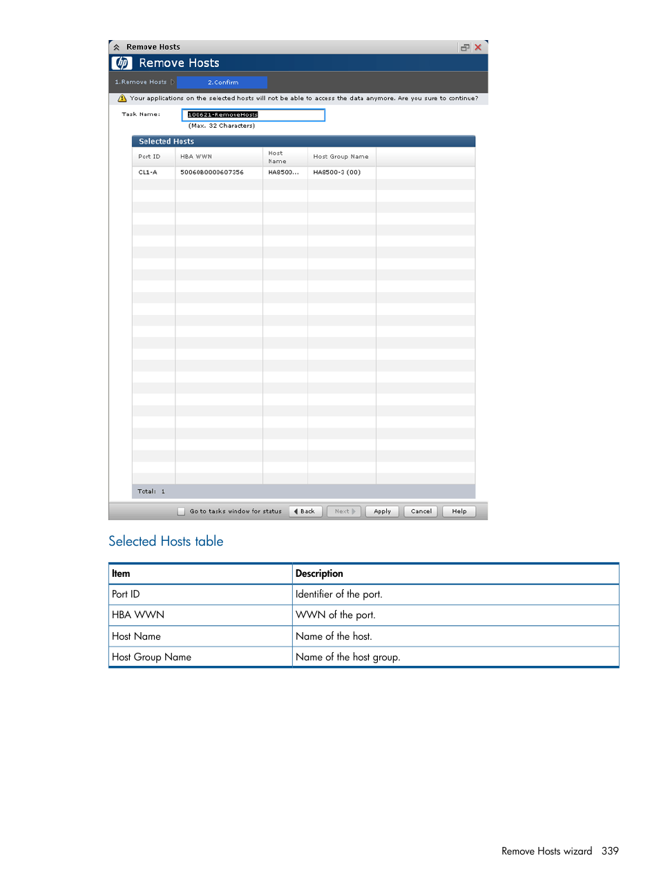 Selected hosts table | HP XP P9500 Storage User Manual | Page 339 / 367