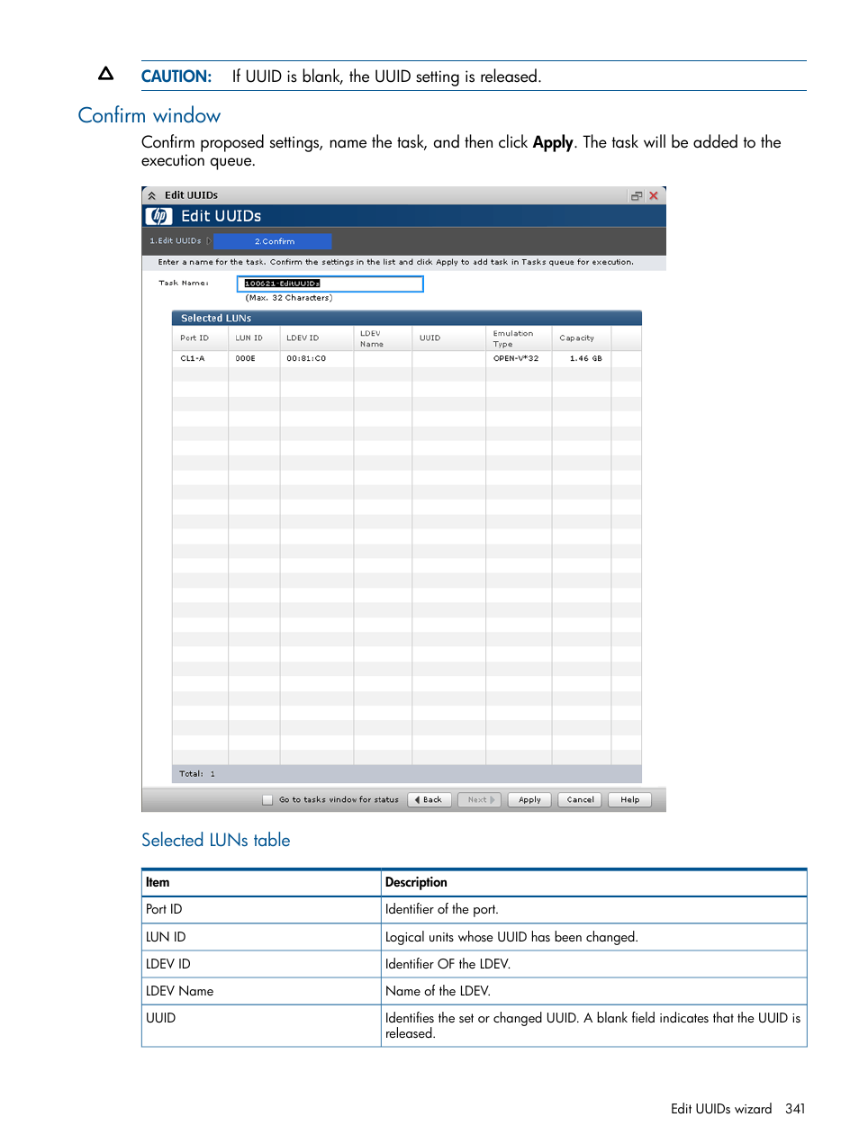 Confirm window, Selected luns table | HP XP P9500 Storage User Manual | Page 341 / 367