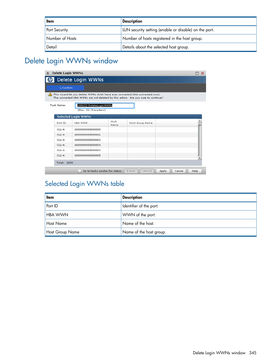 Delete login wwns window, Selected login wwns table | HP XP P9500 Storage User Manual | Page 345 / 367