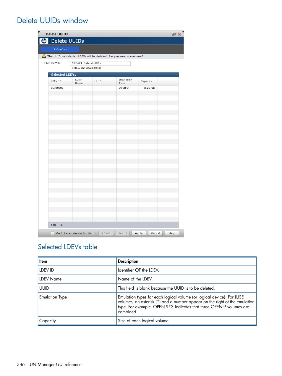 Delete uuids window, Selected ldevs table | HP XP P9500 Storage User Manual | Page 346 / 367