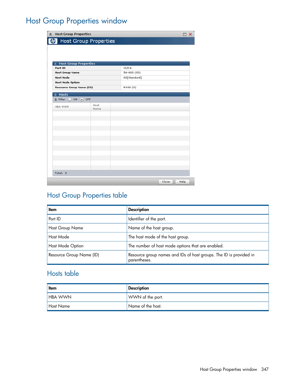 Host group properties window, Host group properties table, Hosts table | HP XP P9500 Storage User Manual | Page 347 / 367