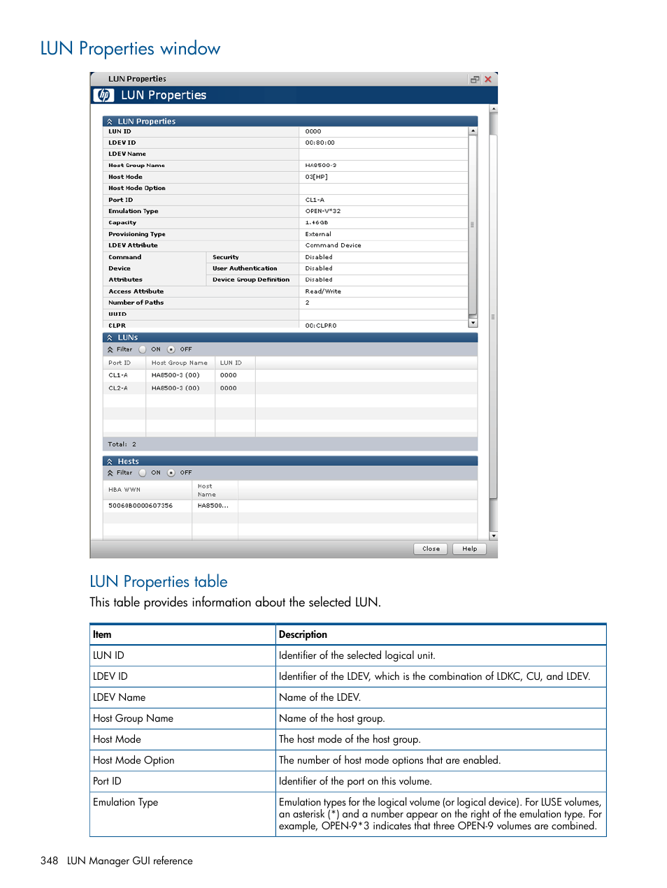 Lun properties window, Lun properties table | HP XP P9500 Storage User Manual | Page 348 / 367