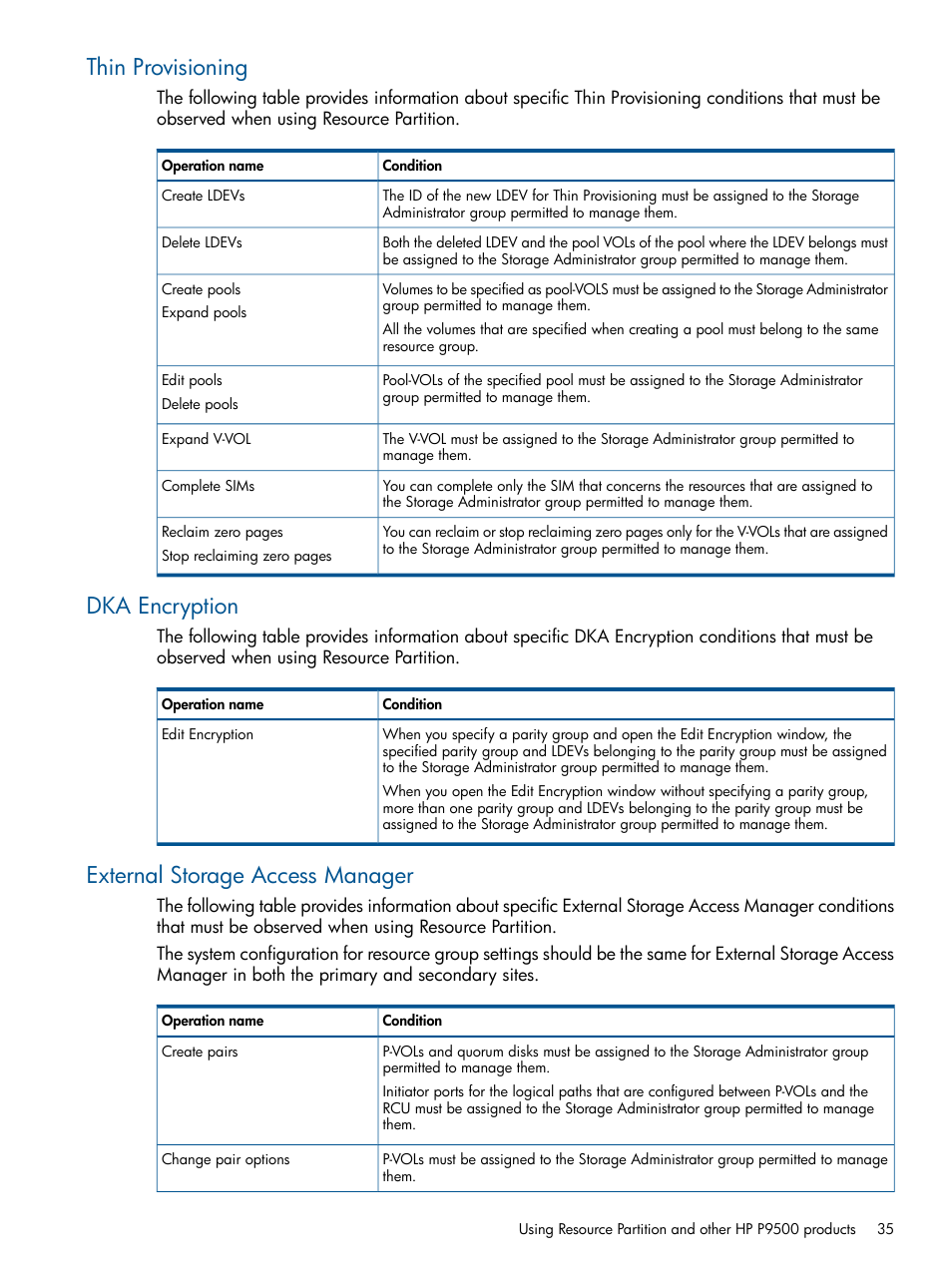 Thin provisioning, Dka encryption, External storage access manager | HP XP P9500 Storage User Manual | Page 35 / 367