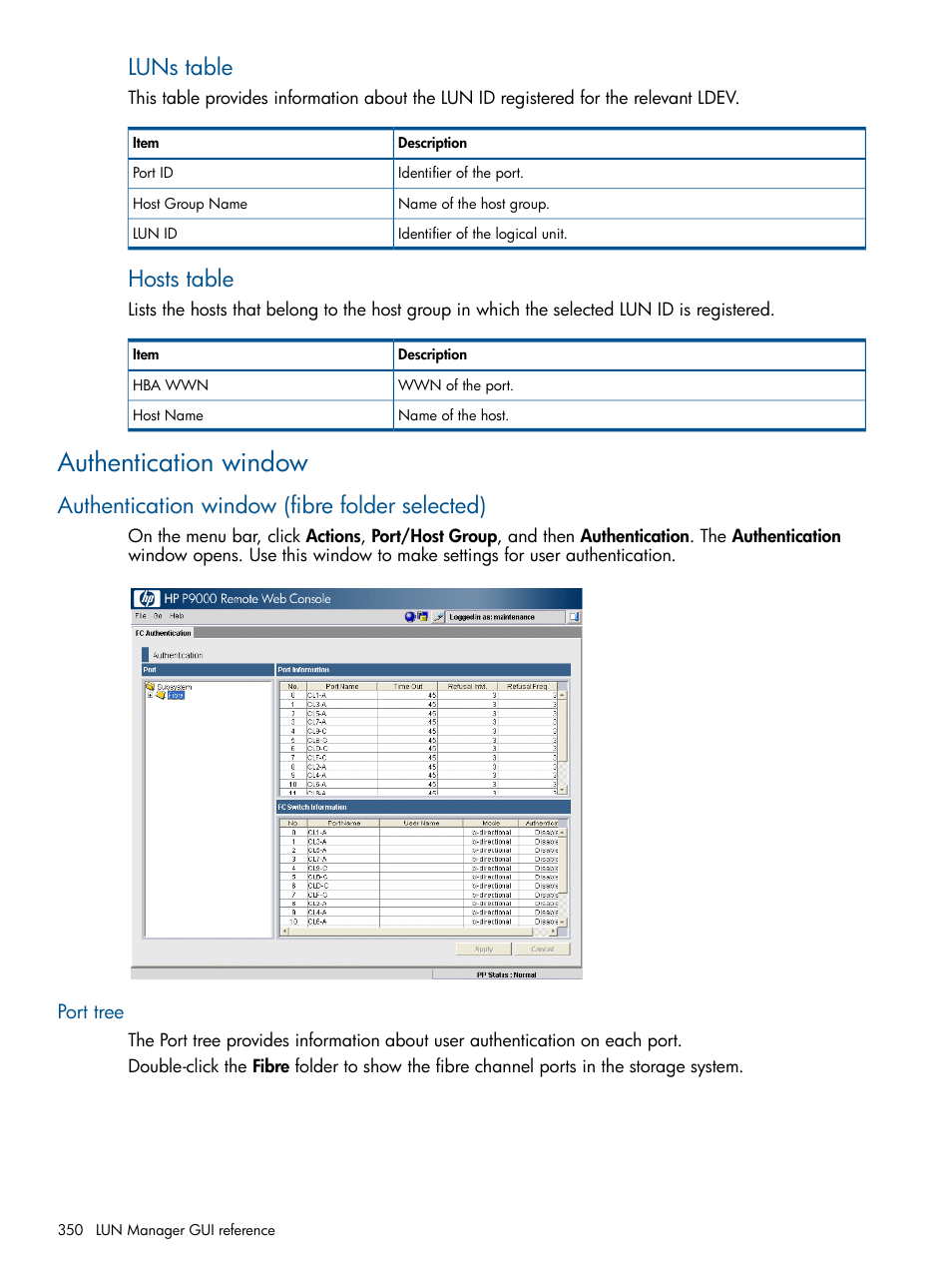 Authentication window, Authentication window (fibre folder selected), Port tree | Luns table, Hosts table | HP XP P9500 Storage User Manual | Page 350 / 367