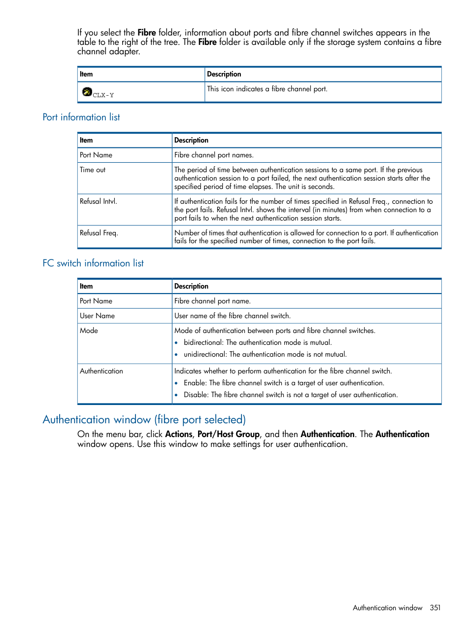 Port information list, Fc switch information list, Authentication window (fibre port selected) | Port information list fc switch information list | HP XP P9500 Storage User Manual | Page 351 / 367