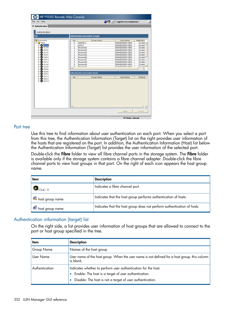 Port tree, Authentication information (target) list, Port tree authentication information (target) list | HP XP P9500 Storage User Manual | Page 352 / 367