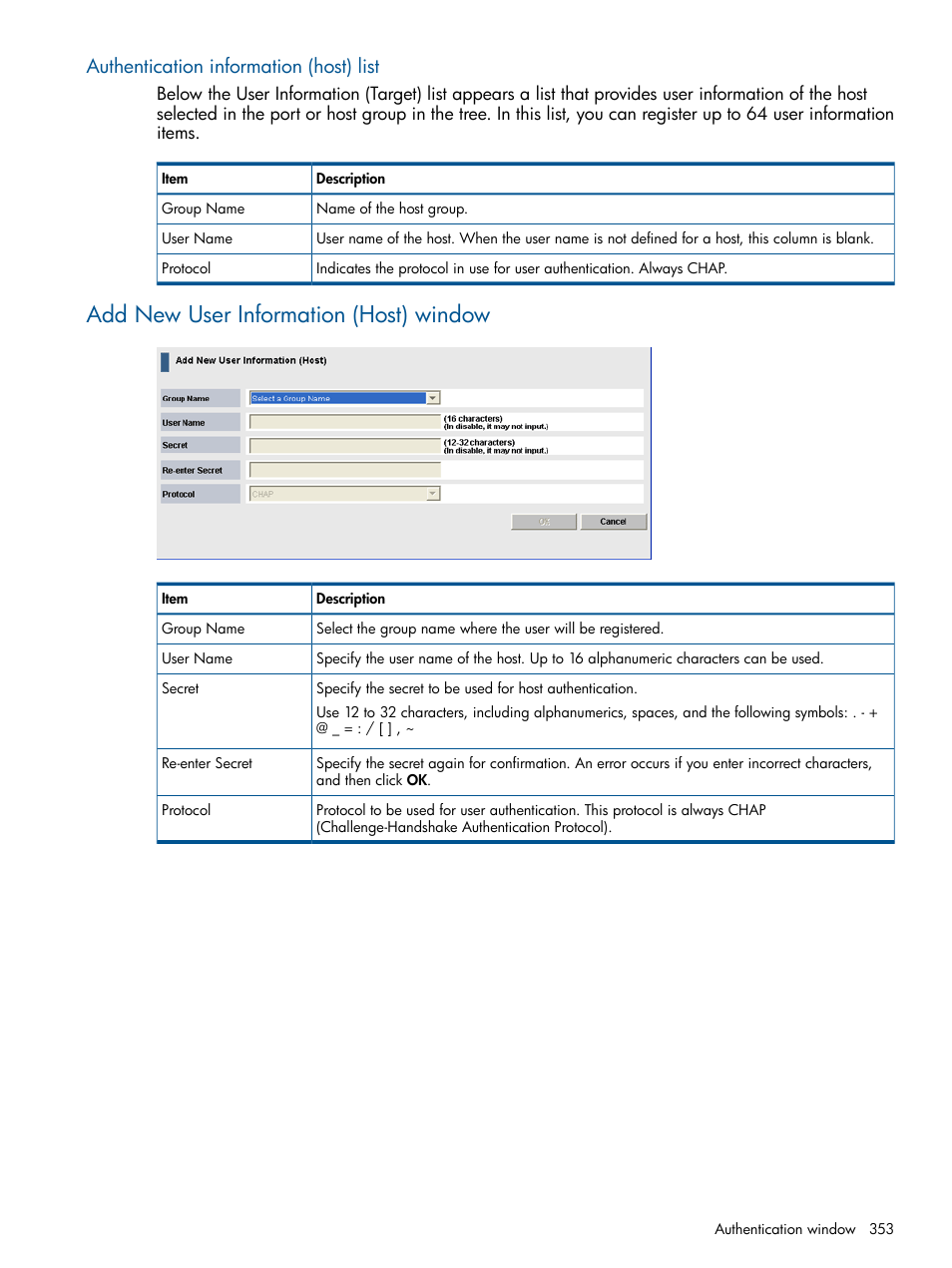 Authentication information (host) list, Add new user information (host) window | HP XP P9500 Storage User Manual | Page 353 / 367