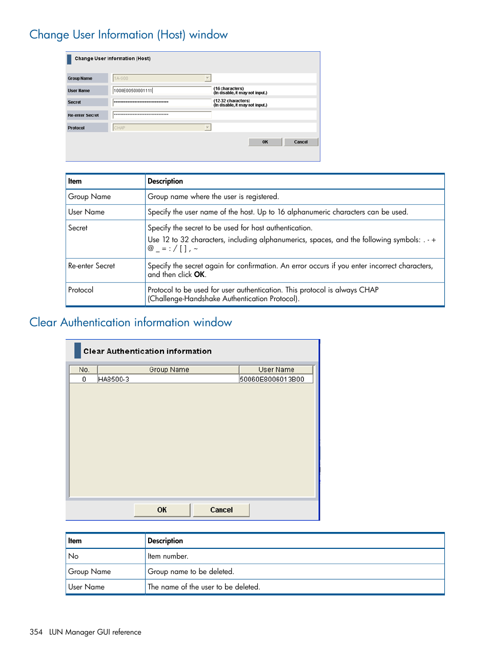 Change user information (host) window, Clear authentication information window | HP XP P9500 Storage User Manual | Page 354 / 367