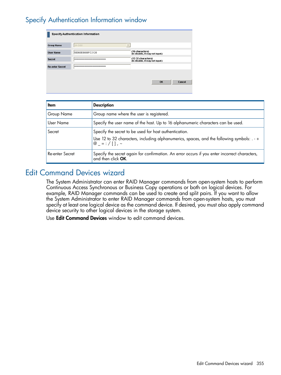 Specify authentication information window, Edit command devices wizard | HP XP P9500 Storage User Manual | Page 355 / 367