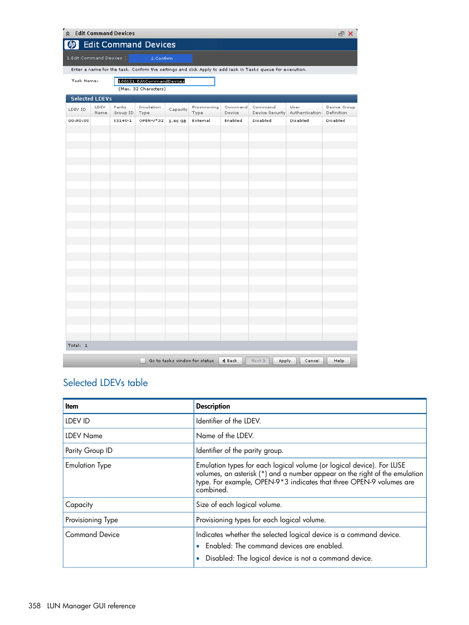 Selected ldevs table | HP XP P9500 Storage User Manual | Page 358 / 367