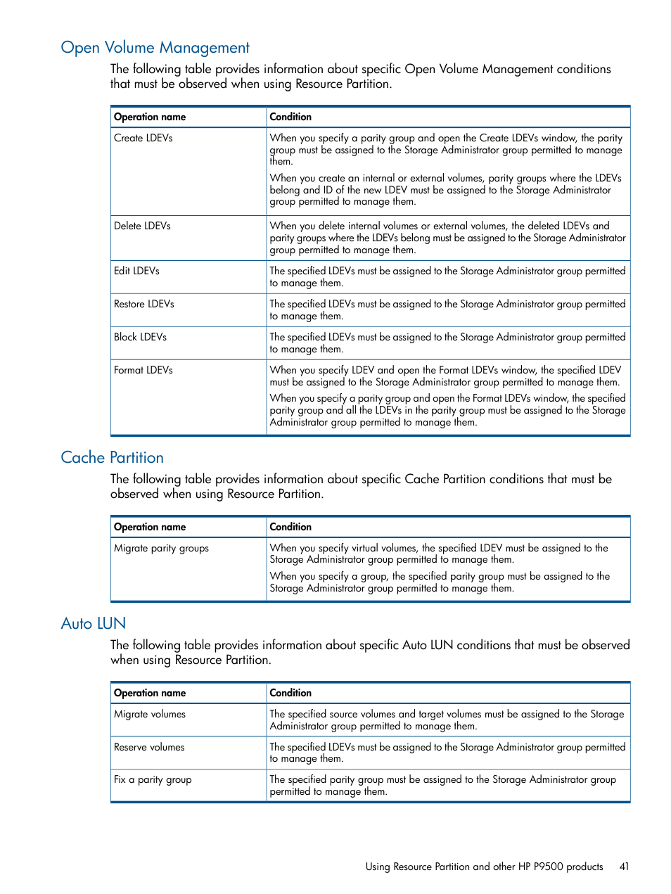 Open volume management, Cache partition, Auto lun | Open volume management cache partition auto lun | HP XP P9500 Storage User Manual | Page 41 / 367