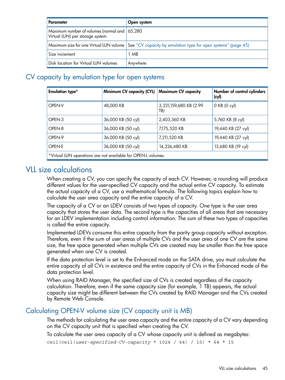 Cv capacity by emulation type for open systems, Vll size calculations | HP XP P9500 Storage User Manual | Page 45 / 367