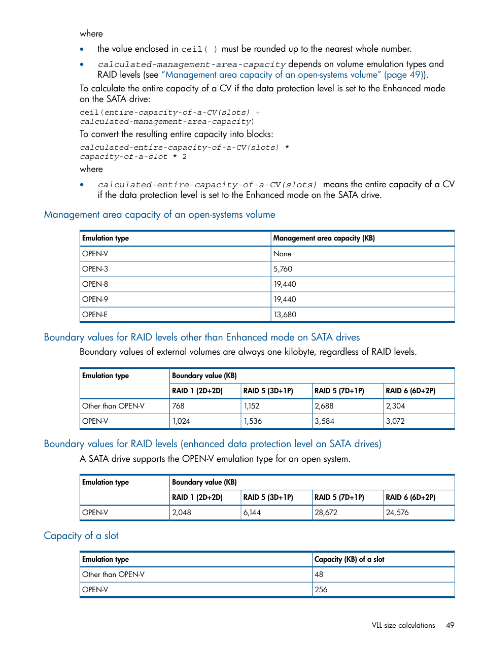 Management area capacity of an open-systems volume, Capacity of a slot | HP XP P9500 Storage User Manual | Page 49 / 367