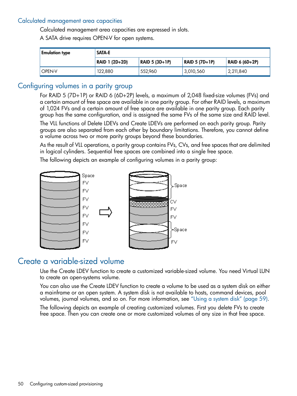 Calculated management area capacities, Configuring volumes in a parity group, Create a variable-sized volume | HP XP P9500 Storage User Manual | Page 50 / 367