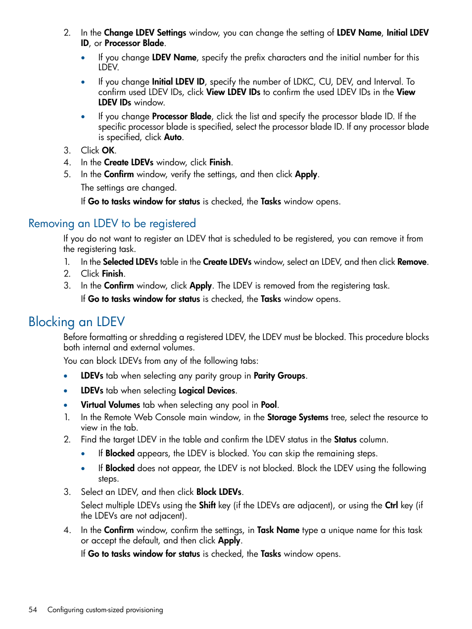 Removing an ldev to be registered, Blocking an ldev | HP XP P9500 Storage User Manual | Page 54 / 367