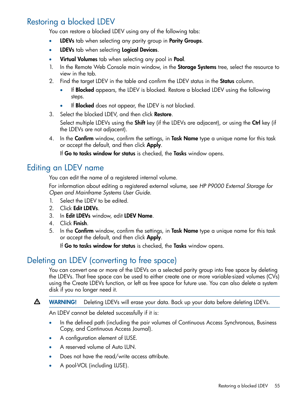 Restoring a blocked ldev, Editing an ldev name, Deleting an ldev (converting to free space) | HP XP P9500 Storage User Manual | Page 55 / 367