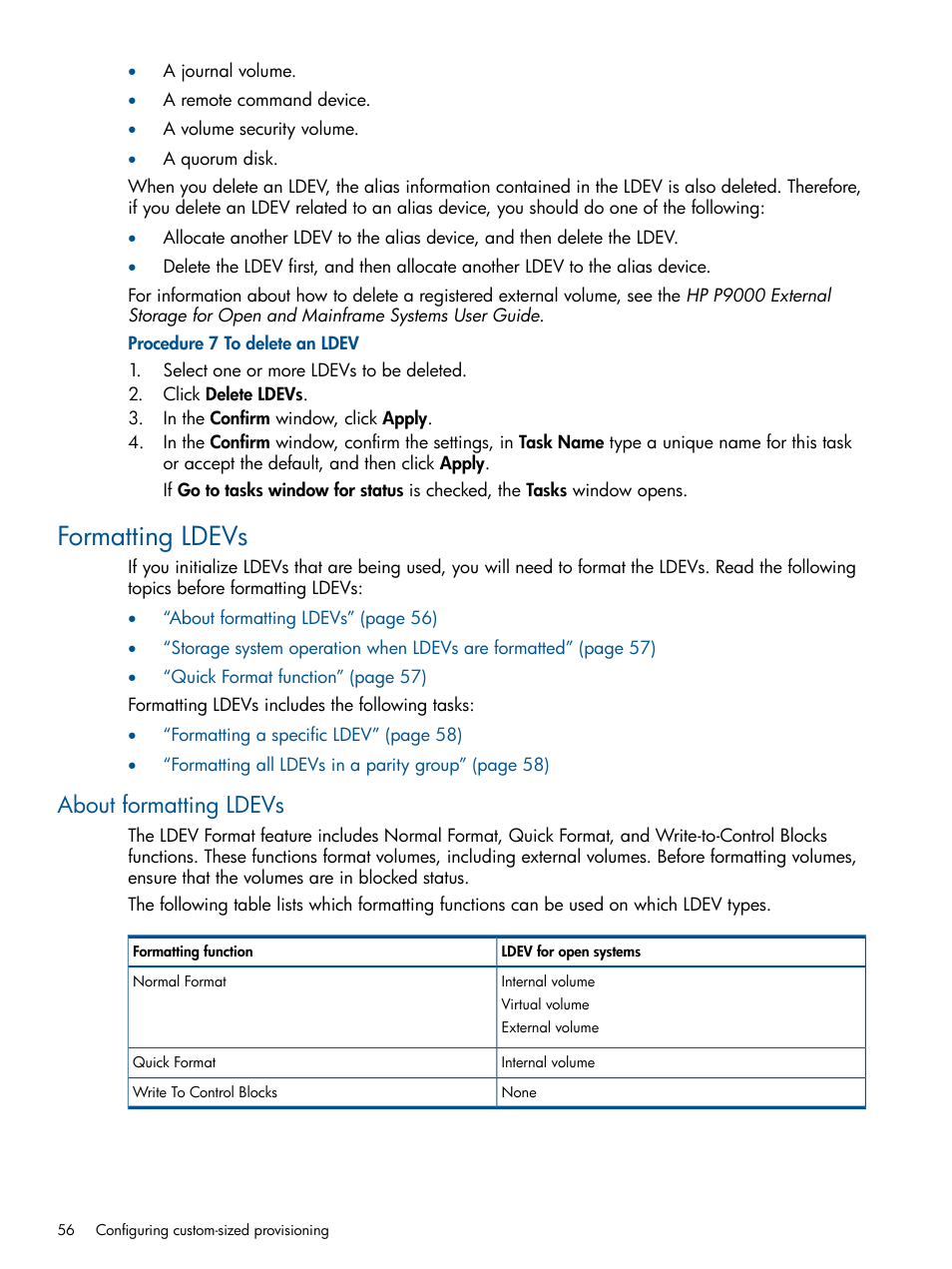 Formatting ldevs, About formatting ldevs | HP XP P9500 Storage User Manual | Page 56 / 367