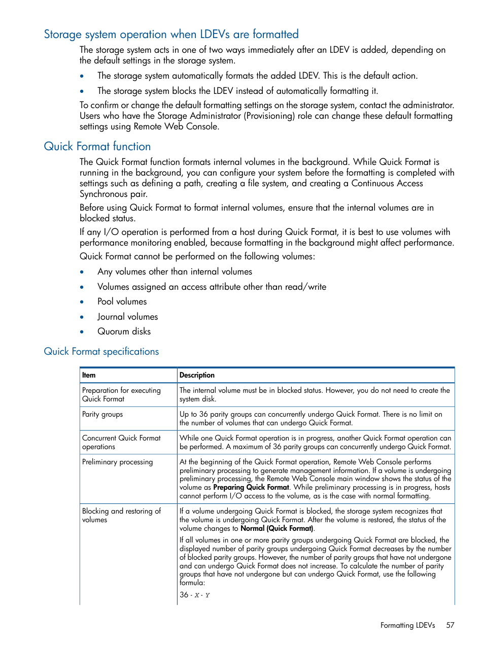 Storage system operation when ldevs are formatted, Quick format function, Quick format specifications | HP XP P9500 Storage User Manual | Page 57 / 367