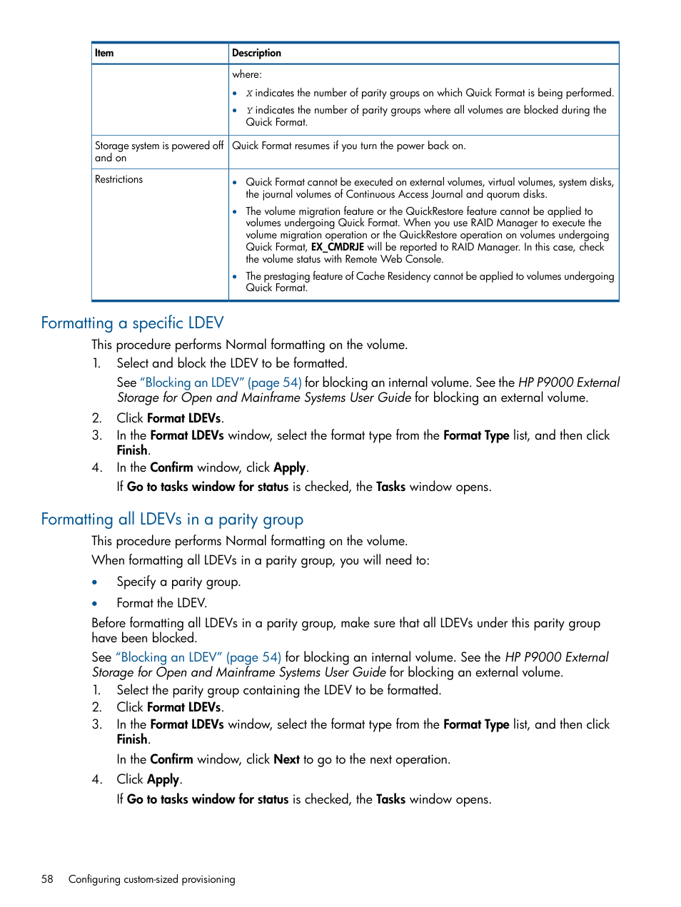 Formatting a specific ldev, Formatting all ldevs in a parity group | HP XP P9500 Storage User Manual | Page 58 / 367