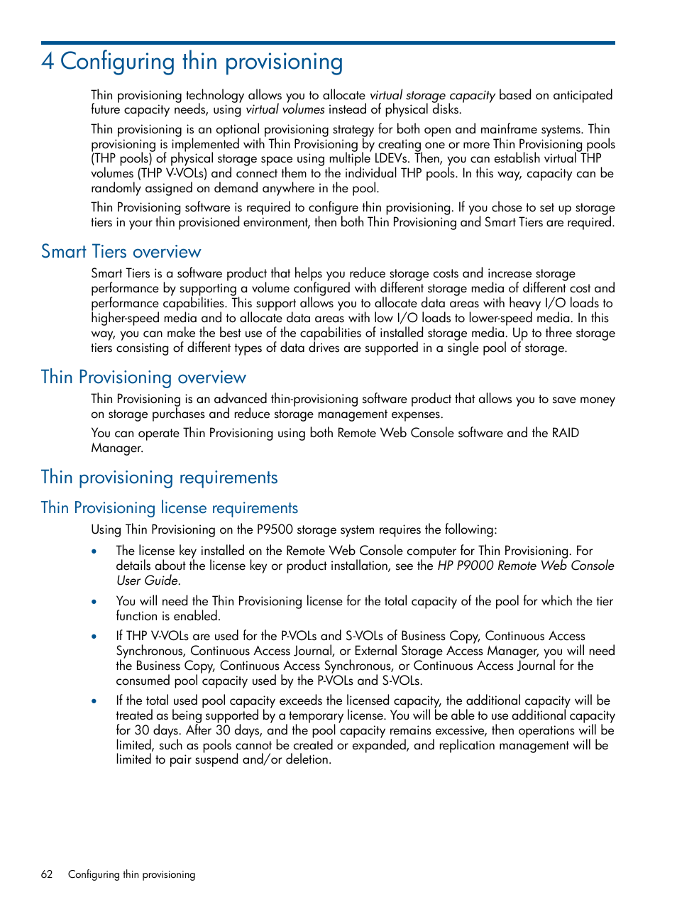 4 configuring thin provisioning, Smart tiers overview, Thin provisioning overview | Thin provisioning requirements, Thin provisioning license requirements | HP XP P9500 Storage User Manual | Page 62 / 367