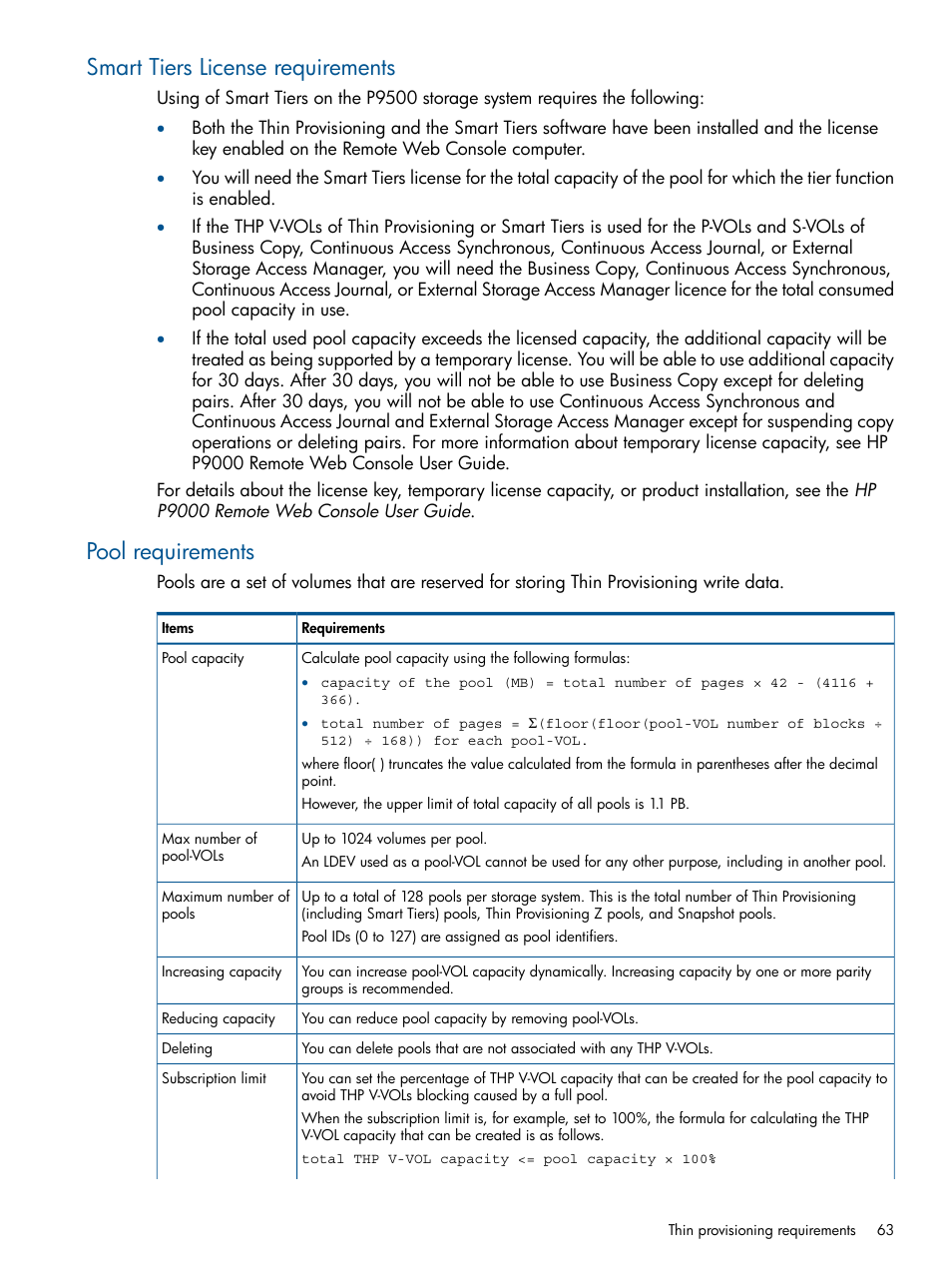 Smart tiers license requirements, Pool requirements, Smart tiers license requirements pool requirements | HP XP P9500 Storage User Manual | Page 63 / 367