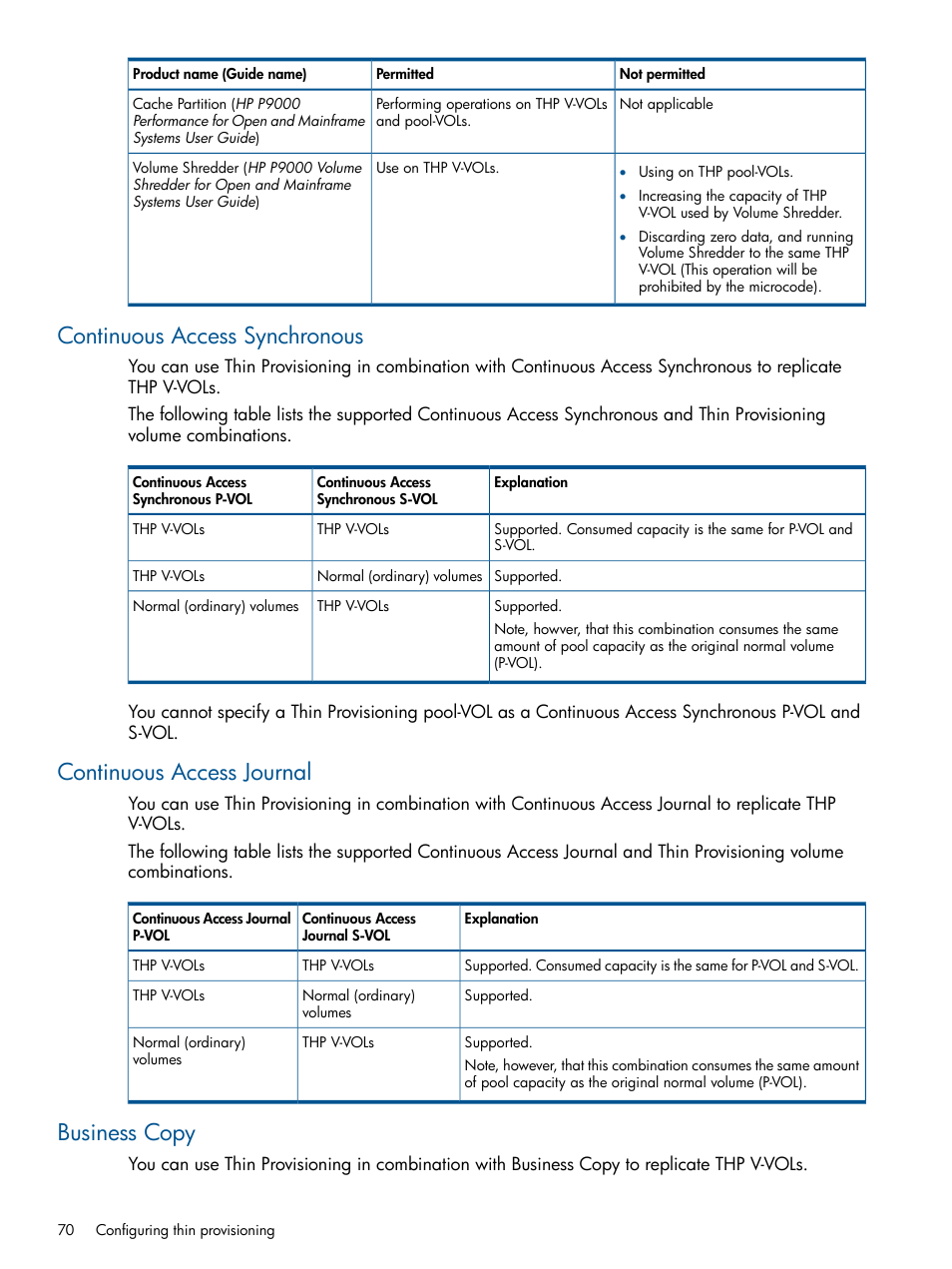 Continuous access synchronous, Continuous access journal, Business copy | HP XP P9500 Storage User Manual | Page 70 / 367