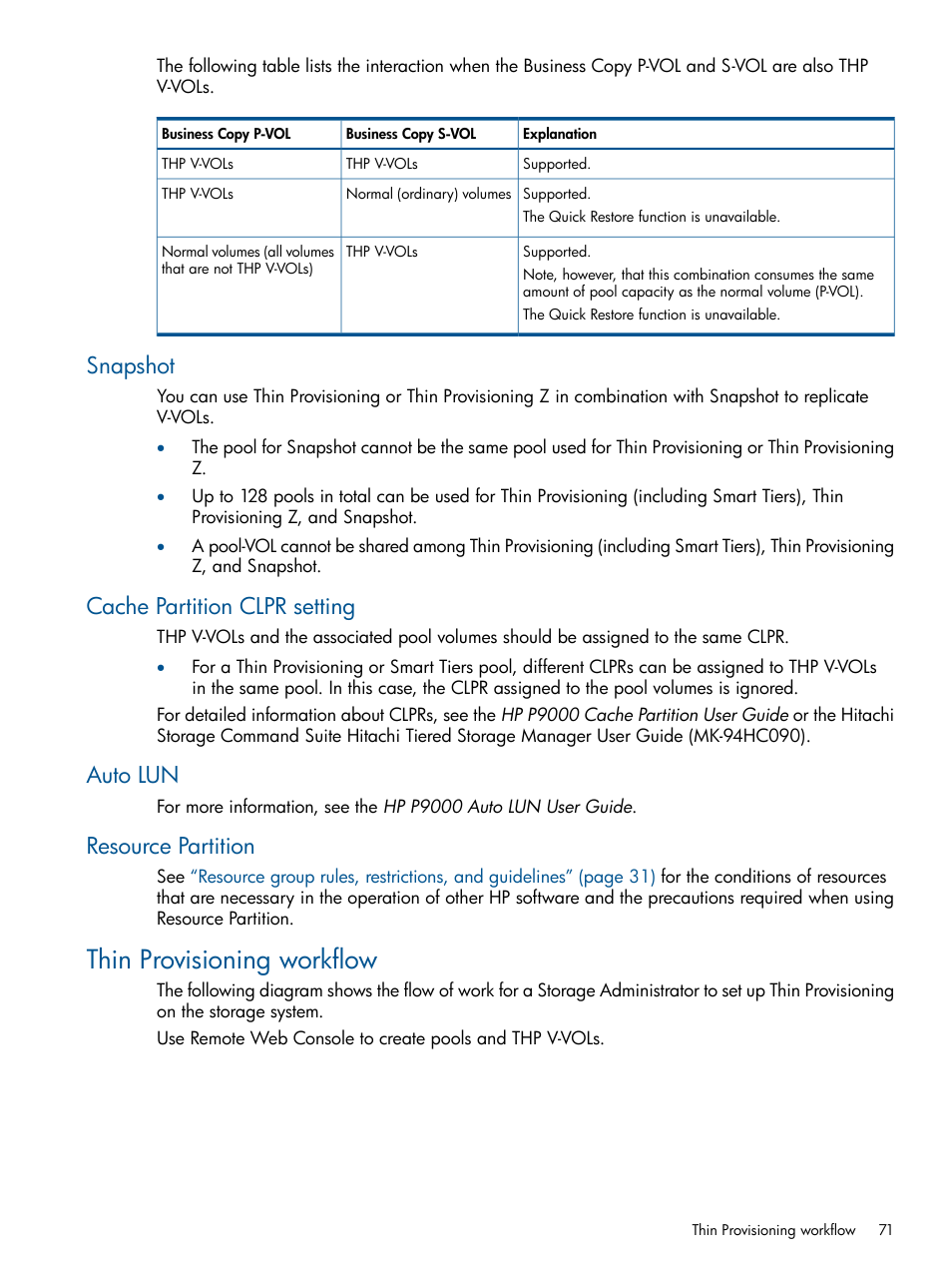 Snapshot, Cache partition clpr setting, Auto lun | Resource partition, Thin provisioning workflow | HP XP P9500 Storage User Manual | Page 71 / 367