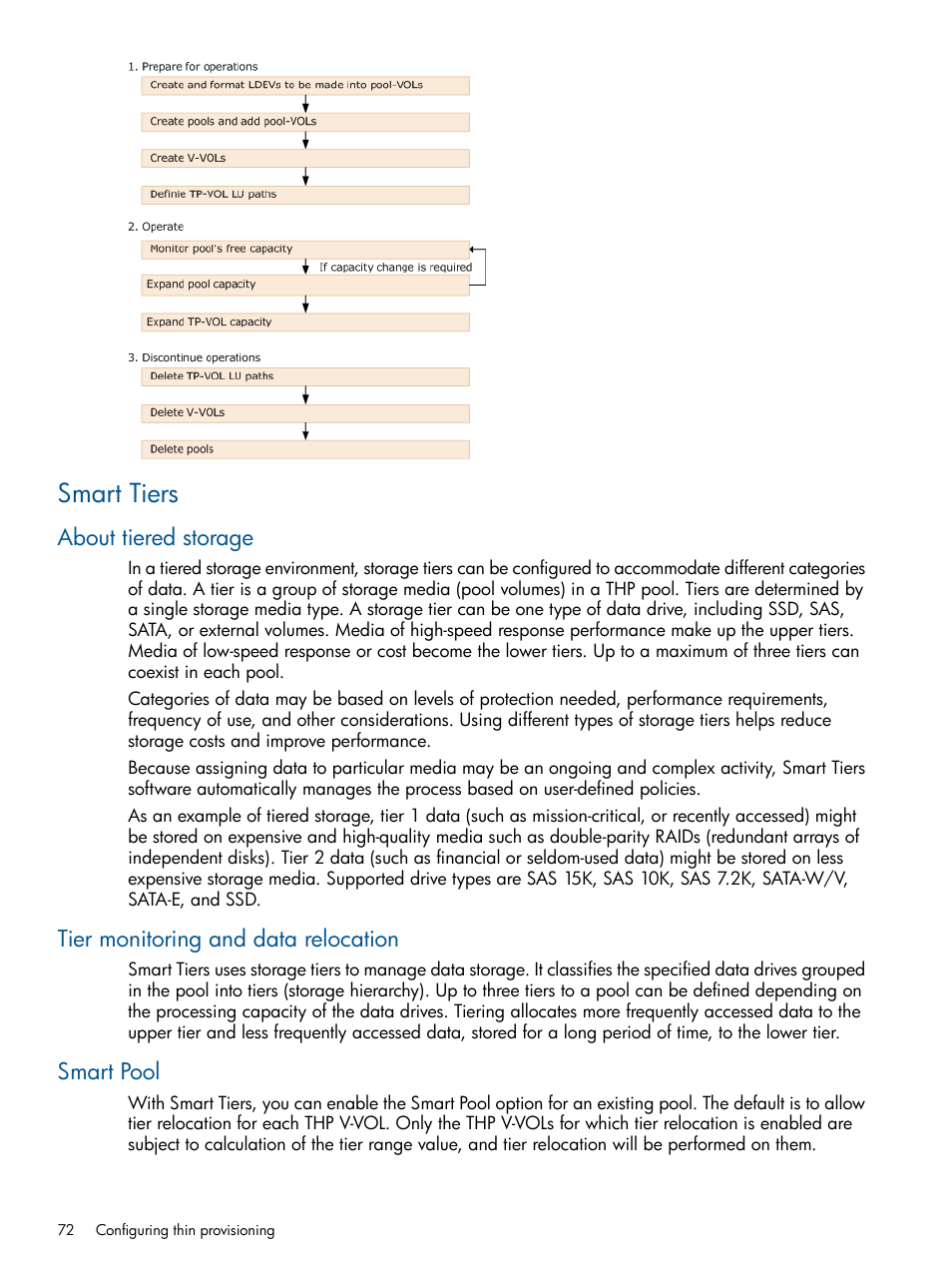 Smart tiers, About tiered storage, Tier monitoring and data relocation | Smart pool | HP XP P9500 Storage User Manual | Page 72 / 367