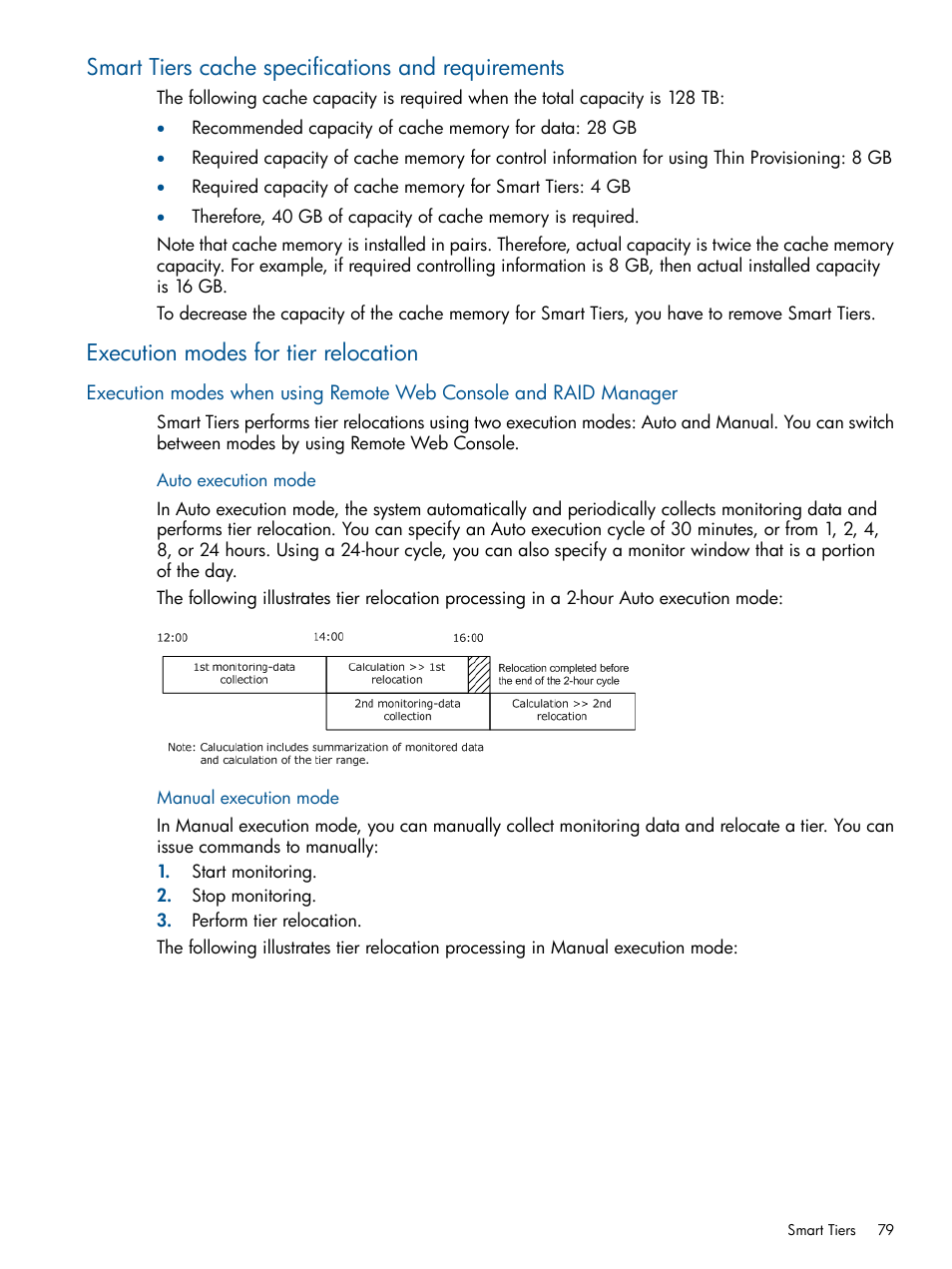 Smart tiers cache specifications and requirements, Execution modes for tier relocation | HP XP P9500 Storage User Manual | Page 79 / 367