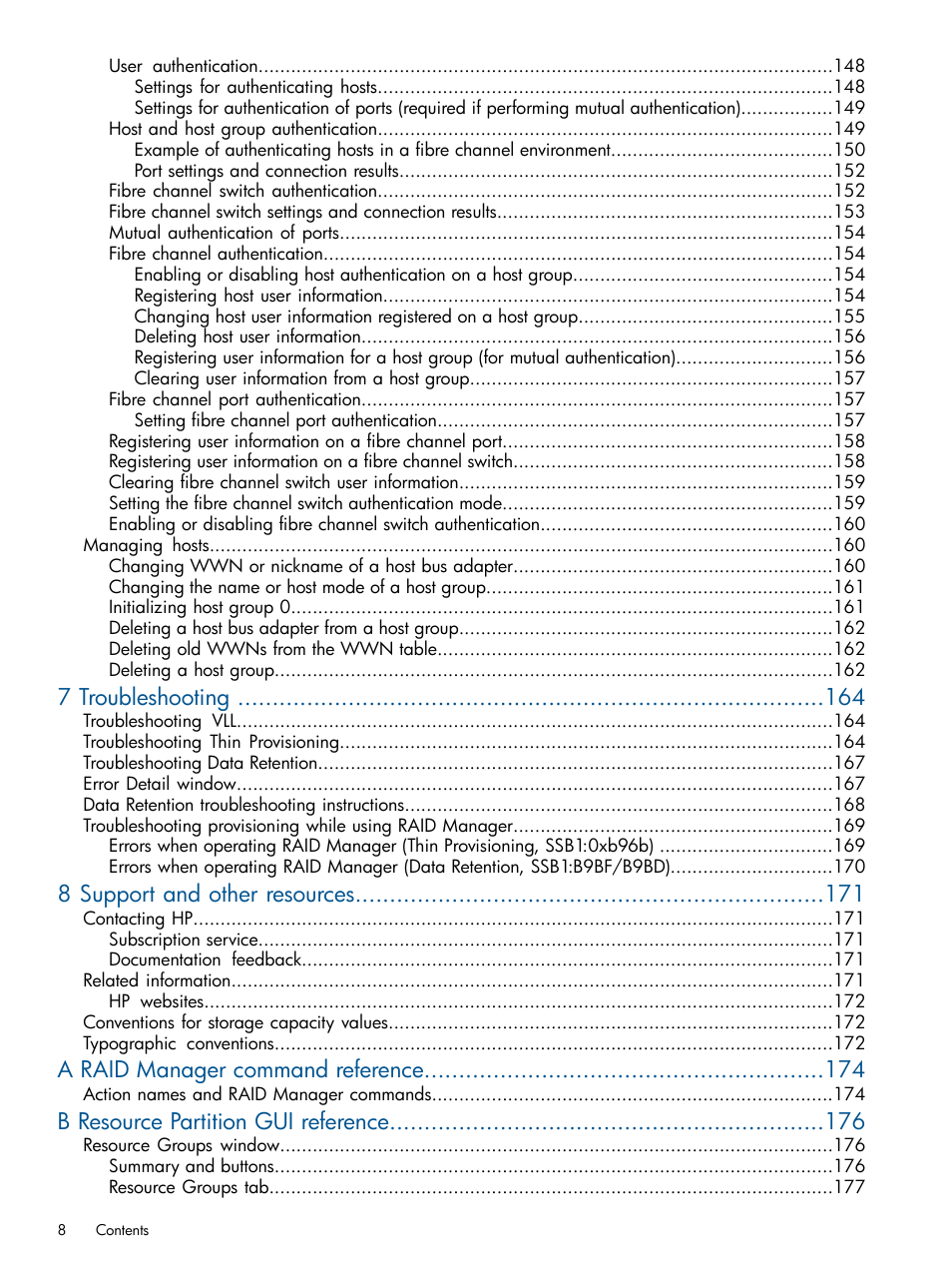 7 troubleshooting, 8 support and other resources, A raid manager command reference | B resource partition gui reference | HP XP P9500 Storage User Manual | Page 8 / 367