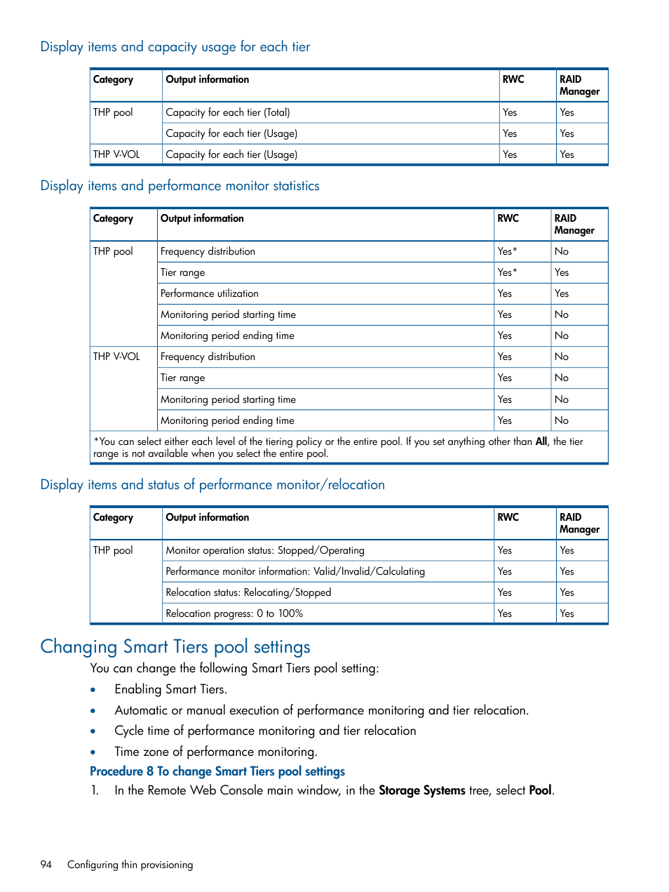 Display items and capacity usage for each tier, Display items and performance monitor statistics, Changing smart tiers pool settings | HP XP P9500 Storage User Manual | Page 94 / 367