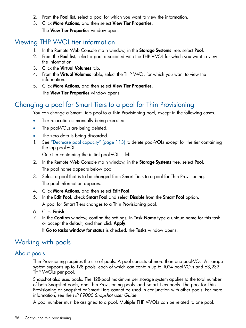 Viewing thp v-vol tier information, Working with pools, About pools | HP XP P9500 Storage User Manual | Page 96 / 367