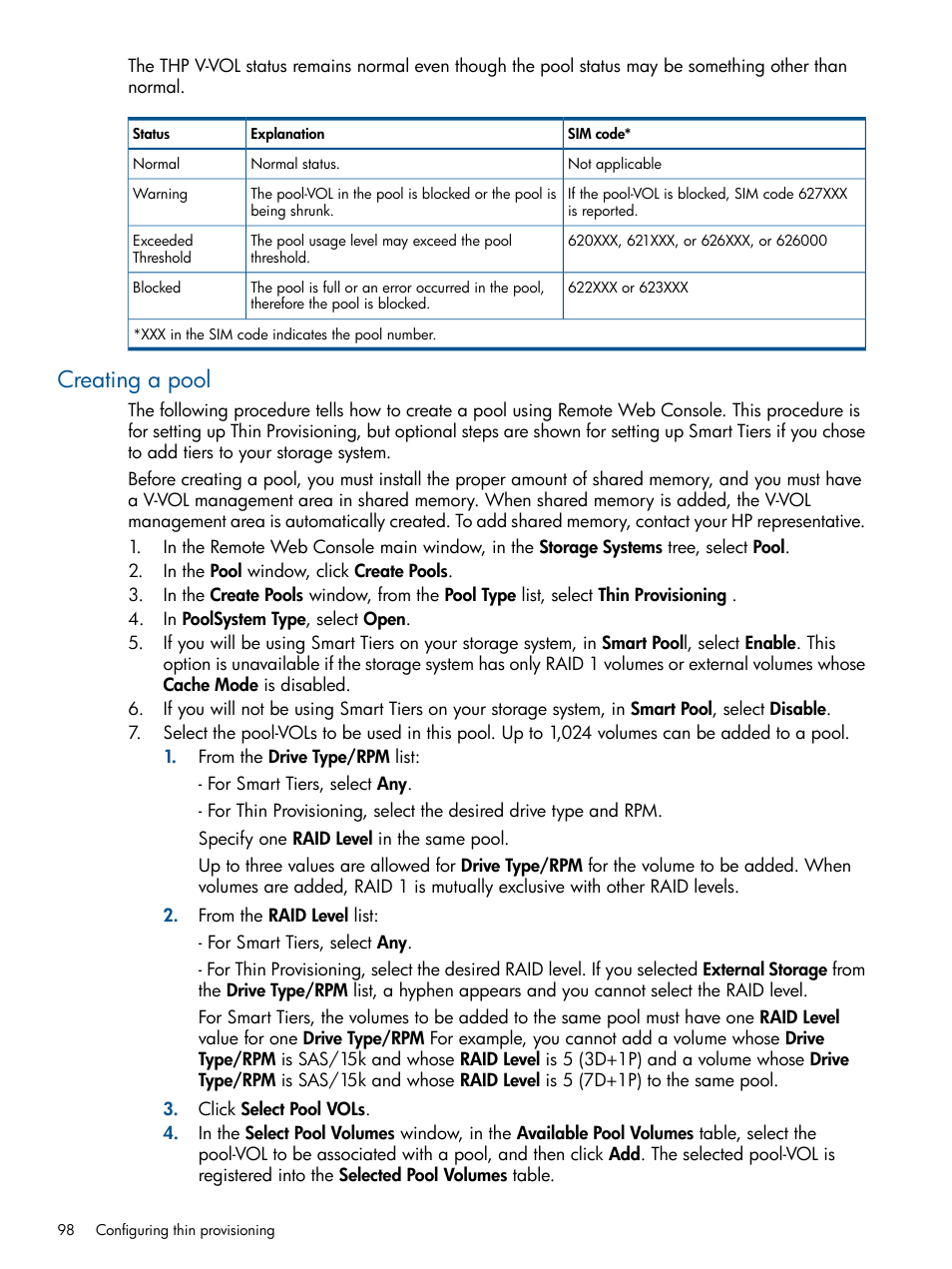 Creating a pool | HP XP P9500 Storage User Manual | Page 98 / 367