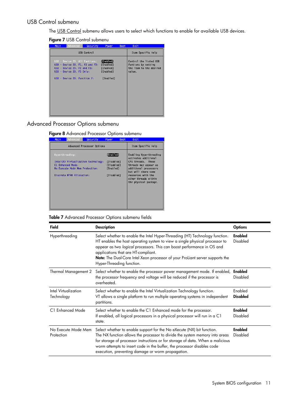 Usb control submenu, Advanced processor options submenu | HP ProLiant DL140 G3 Server User Manual | Page 11 / 55