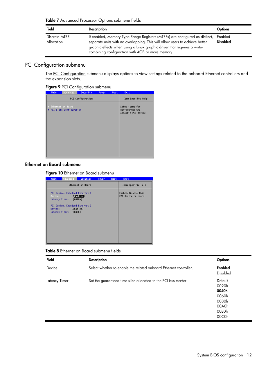 Pci configuration submenu | HP ProLiant DL140 G3 Server User Manual | Page 12 / 55