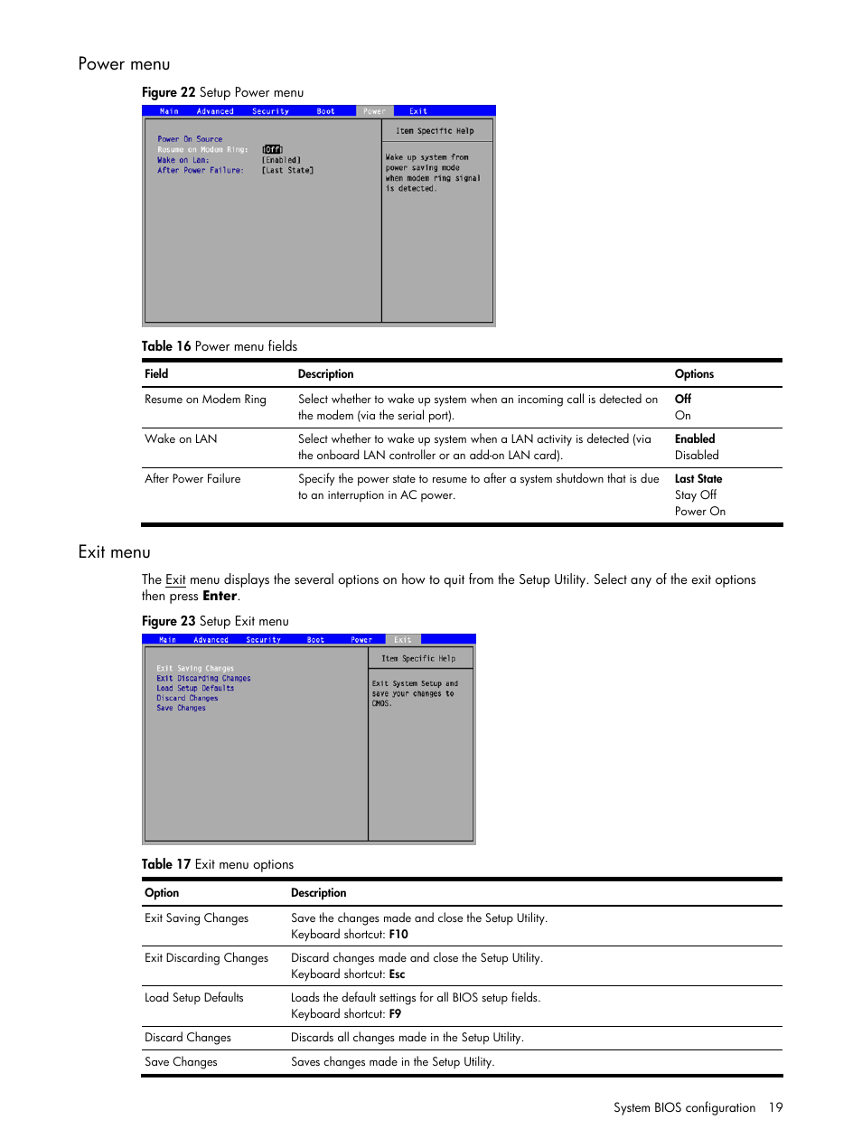 Power menu, Exit menu | HP ProLiant DL140 G3 Server User Manual | Page 19 / 55