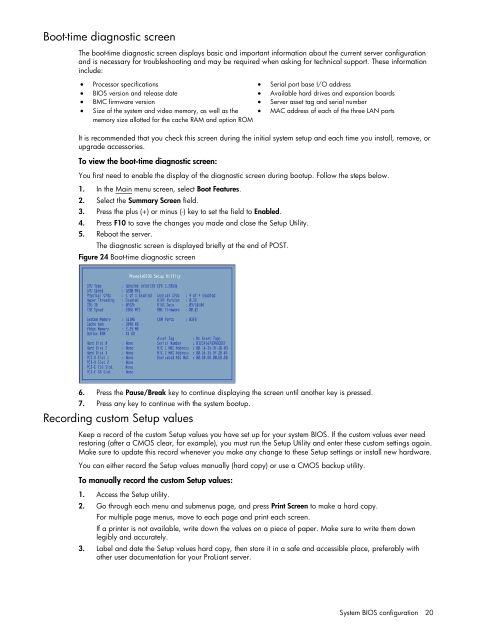 Boot-time diagnostic screen, Recording custom setup values | HP ProLiant DL140 G3 Server User Manual | Page 20 / 55