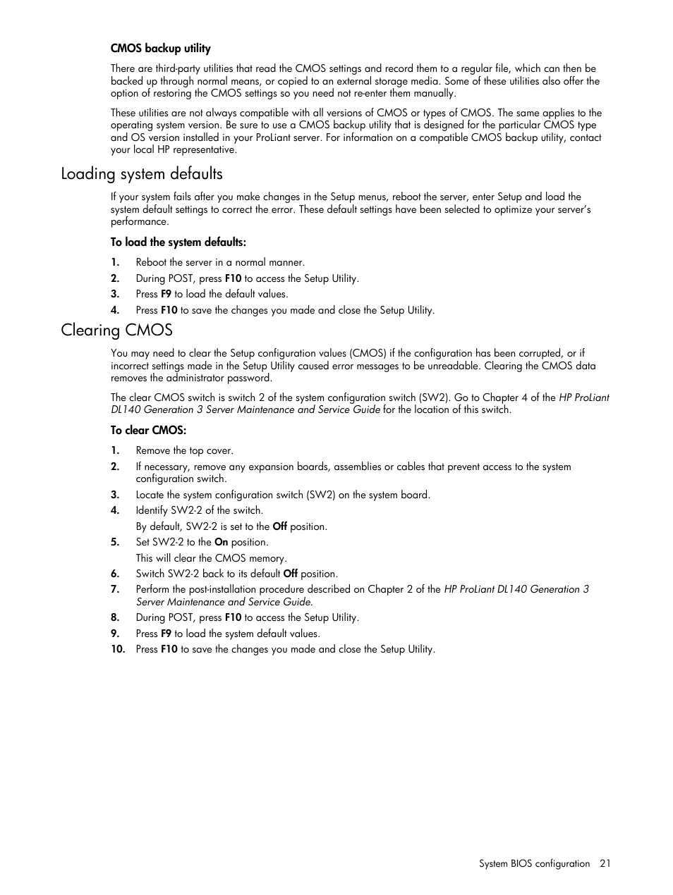 Loading system defaults, Clearing cmos | HP ProLiant DL140 G3 Server User Manual | Page 21 / 55