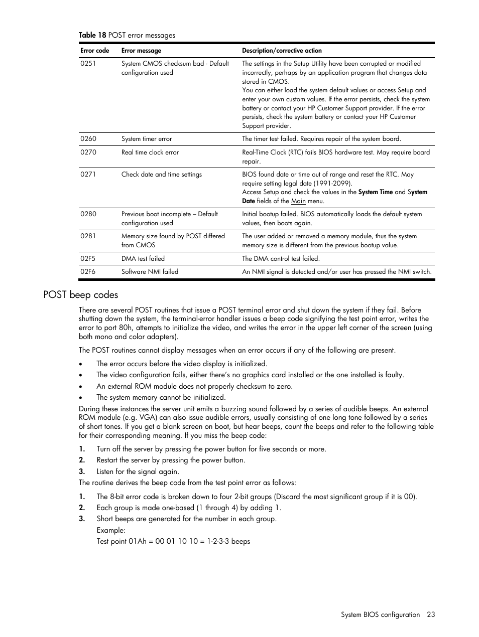 Post beep codes | HP ProLiant DL140 G3 Server User Manual | Page 23 / 55