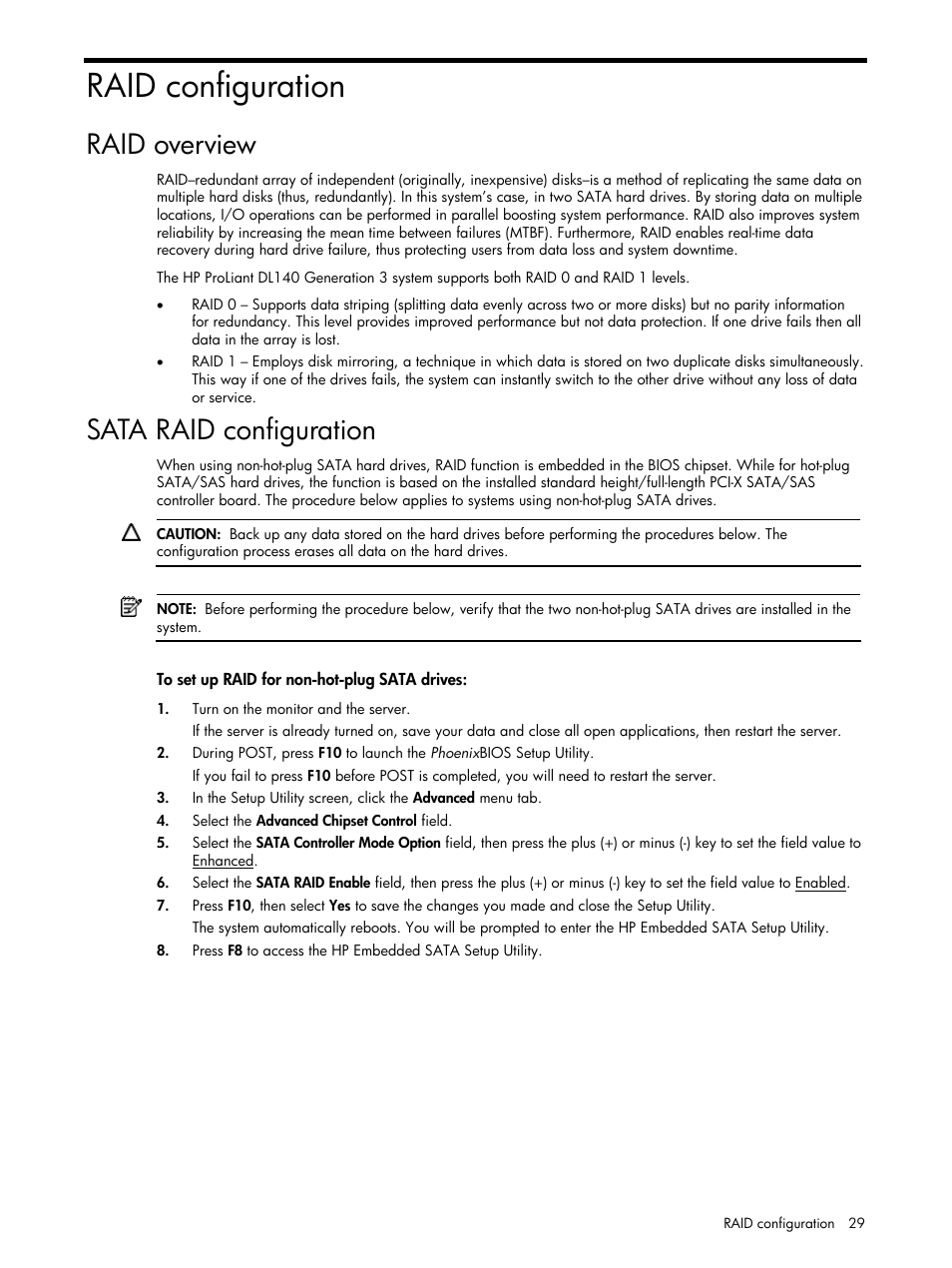 Raid configuration, Raid overview, Sata raid configuration | HP ProLiant DL140 G3 Server User Manual | Page 29 / 55