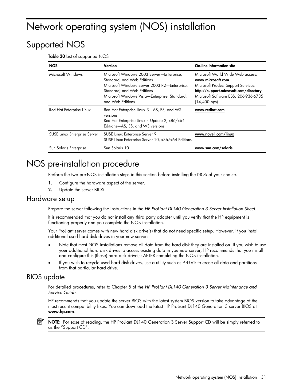 Network operating system (nos) installation, Supported nos, Nos pre-installation procedure | Hardware setup, Bios update | HP ProLiant DL140 G3 Server User Manual | Page 31 / 55