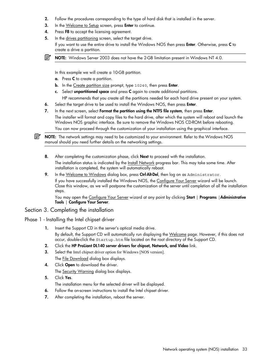 Section 3. completing the installation | HP ProLiant DL140 G3 Server User Manual | Page 33 / 55