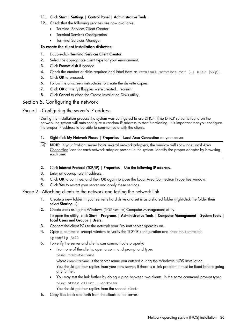 Section 5. configuring the network, Phase 1 - configuring the server’s ip address | HP ProLiant DL140 G3 Server User Manual | Page 36 / 55