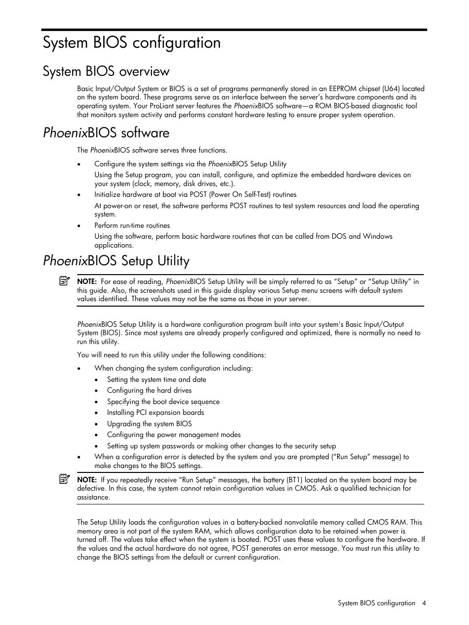 System bios configuration, System bios overview, Phoenixbios software | Phoenixbios setup utility, Phoenix bios software, Phoenix bios setup utility | HP ProLiant DL140 G3 Server User Manual | Page 4 / 55